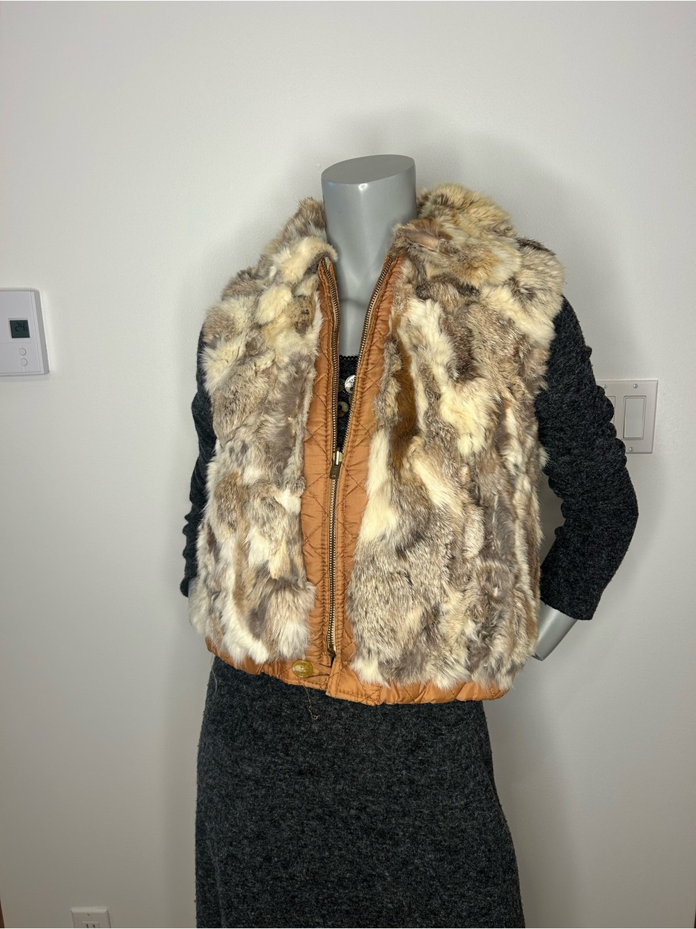 Faux Fur Quilted Vest in Beige and Tan